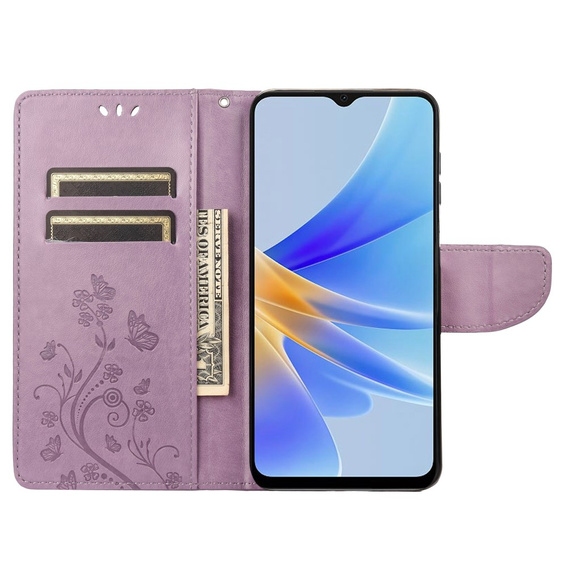Θήκη με πτερύγιο για Oppo A17, Butterfly, μωβ