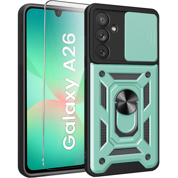 Θωρακισμένη θήκη για Samsung Galaxy A26, CamShield Slide, πράσινη + Μετριασμένο γυαλί 9H
