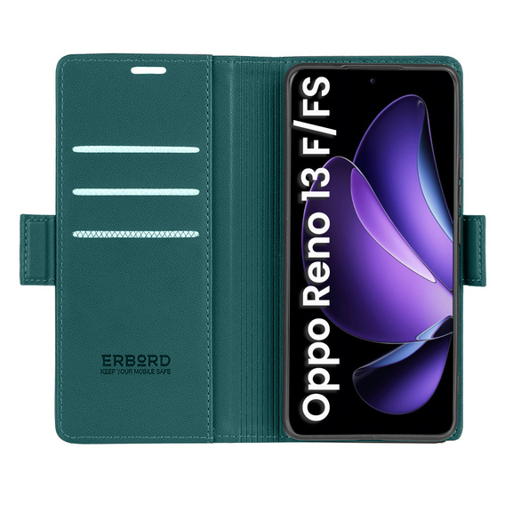 Θήκη για Oppo Reno 13F / Oppo Reno 13FS, ERBORD Glossy Litchi, πορτοφόλι με πτερύγιο, πράσινη