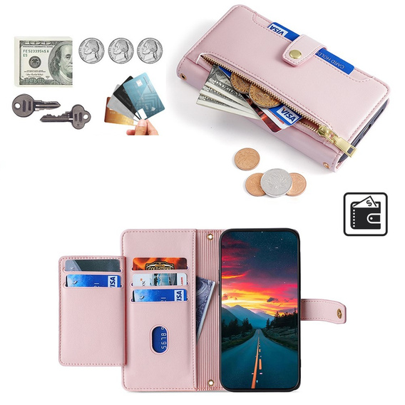 Θήκη με πτερύγιο για Realme 14 Pro+ 5G, Wallet Zipper Pocket, ροζ