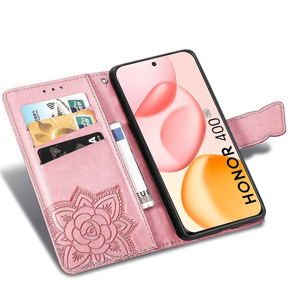 Θήκη με πτερύγιο για Honor 400 5G, Butterfly, ροζ rose gold