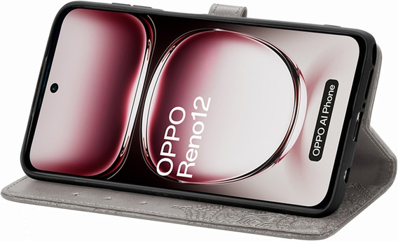 Θήκη με πτερύγιο για Oppo Reno 12, Mandala, γκρι