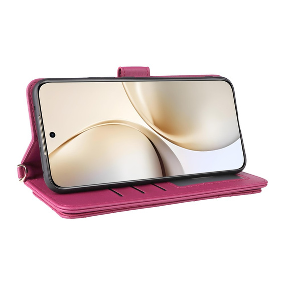 Θήκη με πτερύγιο για Realme 14 Pro+ 5G, Crossbody Leather Wallet, σκούρο ροζ
