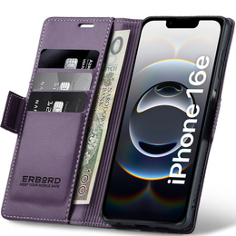 Θήκη για Iphone 16E, ERBORD Glossy Litchi, πορτοφόλι με πτερύγιο, μωβ