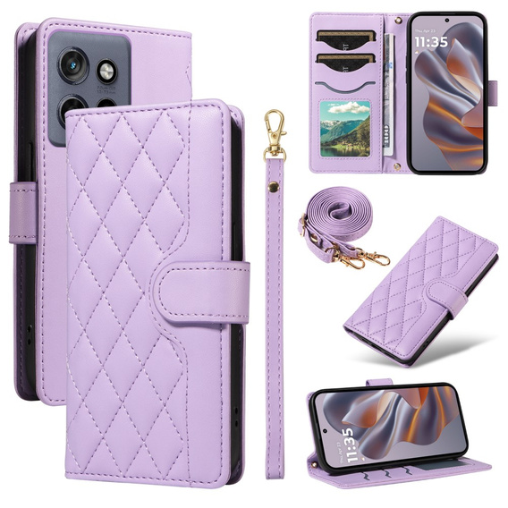 θήκη πτερύγιο για Motorola Edge 50 Neo / Motorola ThinkPhone 25, Rhombus Crossbody Leather, μωβ