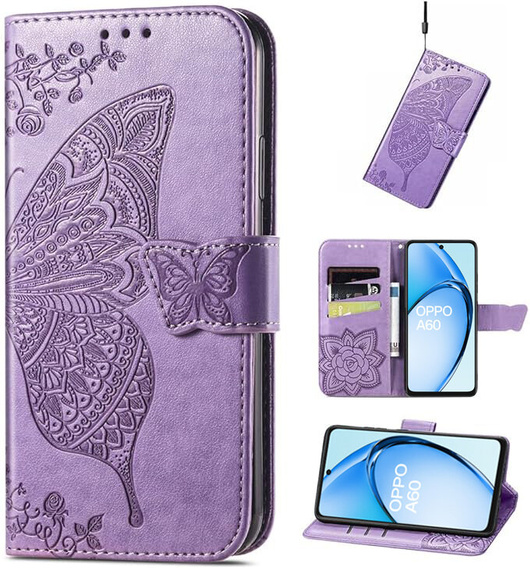 Θήκη με πτερύγιο για Oppo A60, Butterfly, μωβ