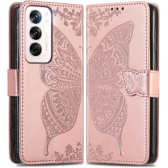 Θήκη με πτερύγιο για Oppo Reno 12, Butterfly, ροζ rose gold