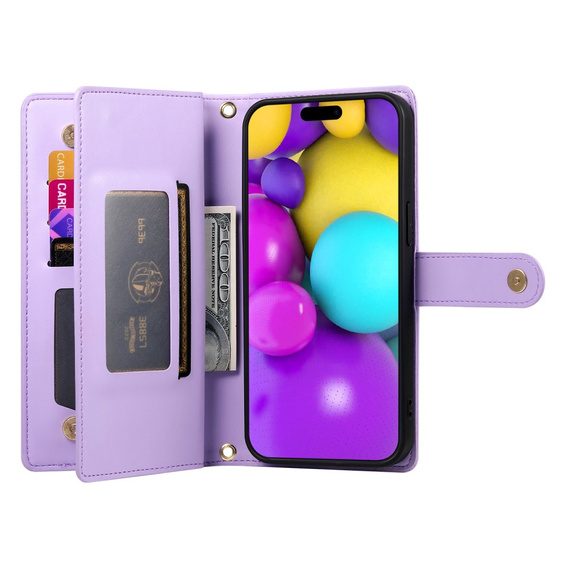 Θήκη με πτερύγιο για iPhone 16 Plus, Wallet Zipper Pocket, μωβ