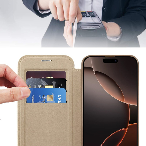 Θήκη με πτερύγιο για iPhone 16 Pro, RFID Wallet MagSafe CamShield, χρυσή