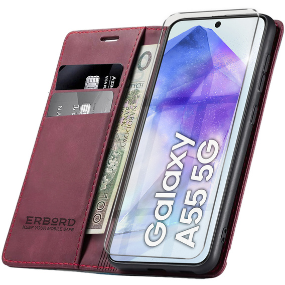 Θήκη για Samsung Galaxy A55, ERBORD Vintage, κόκκινη + Γυαλί για την οθόνη