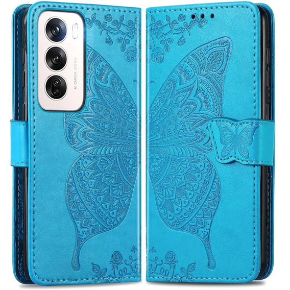 Θήκη με πτερύγιο για Oppo Reno 12, Butterfly, μπλε