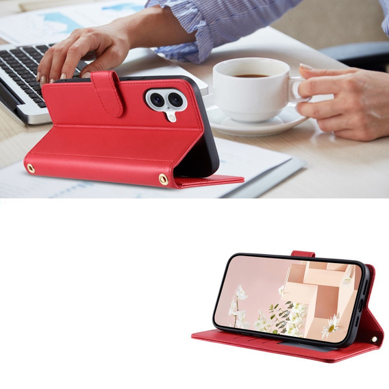 θήκη πτερύγιο για iPhone 16, Rhombus Crossbody Leather, κόκκινη