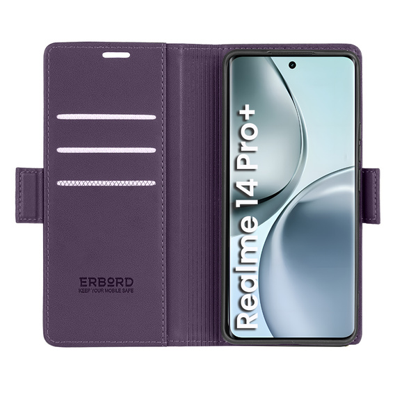 Θήκη για Realme 14 Pro+ 5G, ERBORD Glossy Litchi, πορτοφόλι με πτερύγιο, μωβ