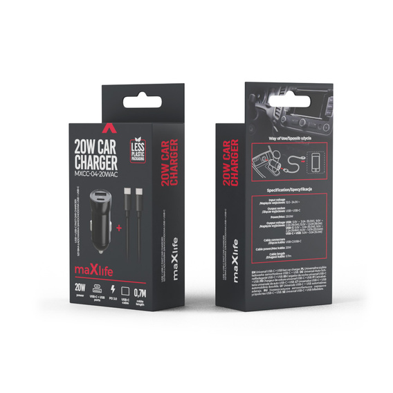 Maxlife φορτιστής αυτοκινήτου PD/QC 20W με καλώδιο USB-C – USB-C 60W για smartphone, tablet, συσκευές πλοήγησης και άλλες συσκευές με USB/USB-C