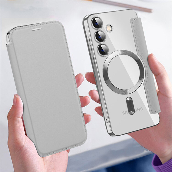 Θήκη με πτερύγιο για Samsung Galaxy S24, RFID Wallet MagSafe CamShield, ασημένια