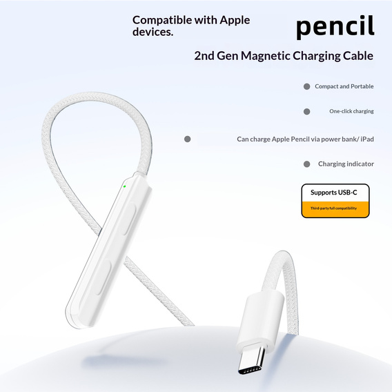 Μαγνητικό καλώδιο φόρτισης USB-C για Apple Pencil (2ης γενιάς), λευκό