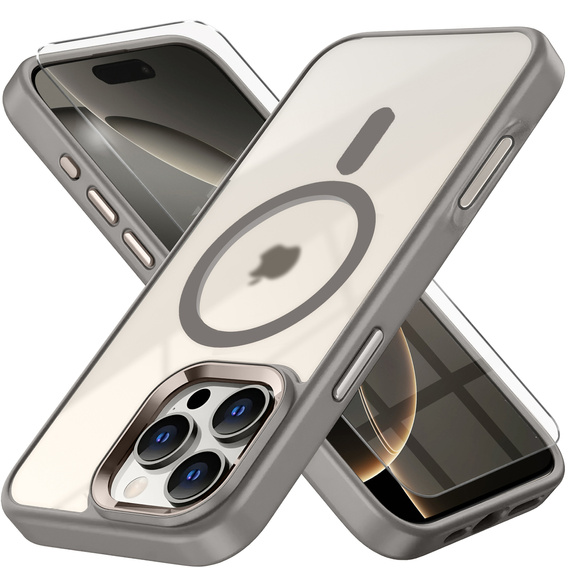 Θήκη για iPhone 16 Pro Max, για MagSafe, ERBORD Μatt Case, διαφανές / τιτάνιο + Γυαλί οθόνης