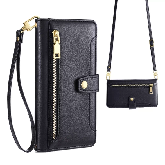 Θήκη με πτερύγιο για iPhone 16E, Wallet Zipper Pocket, μαύρη