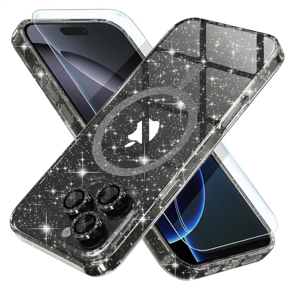 Θήκη για iPhone 16 Pro, ERBORD Glitter MagSafe, μαύρη + Γυαλί οθόνης