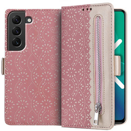 θήκη πτερύγιο για Samsung Galaxy S22+ Plus 5G, Wallet Pocket Zipper Lace, ροζ
