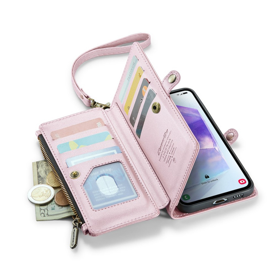 θήκη CASEME για Samsung Galaxy A55 5G, RFID Leather Wallet, με λουράκι ώμου, ροζ