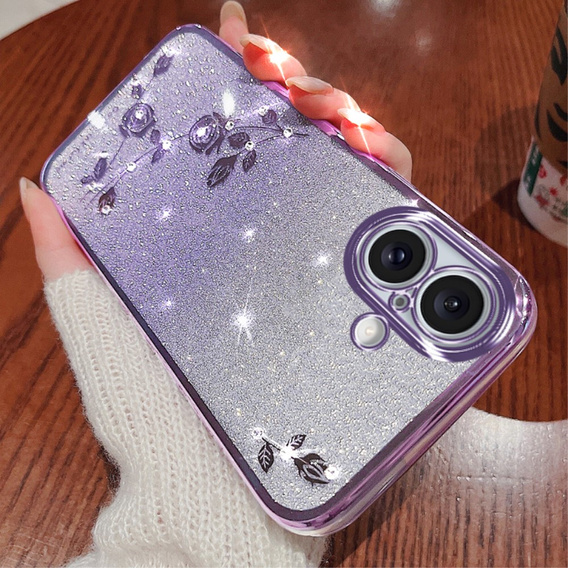 Θήκη για iPhone 16 Plus, Glitter Flower, μωβ