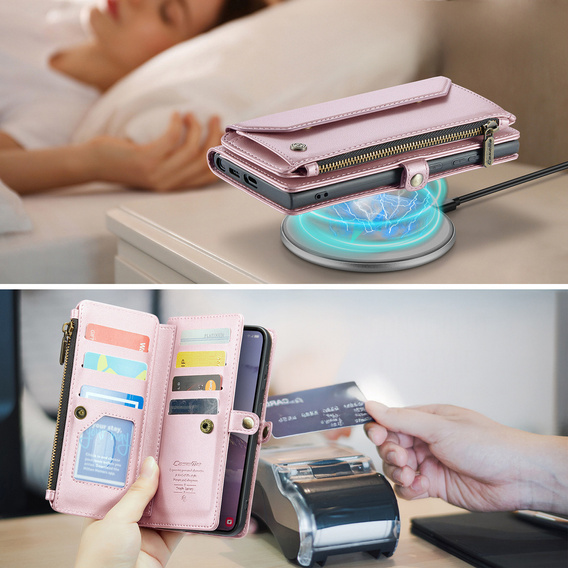 θήκη CASEME για Samsung Galaxy S25 FE, RFID Leather Wallet, με λουράκι ώμου, ροζ