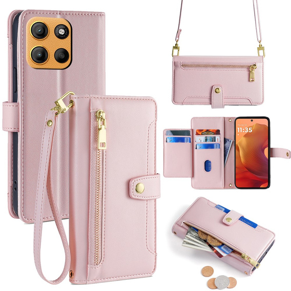Θήκη με πτερύγιο για Motorola Moto G15 / G15 Power, Wallet Zipper Pocket, ροζ