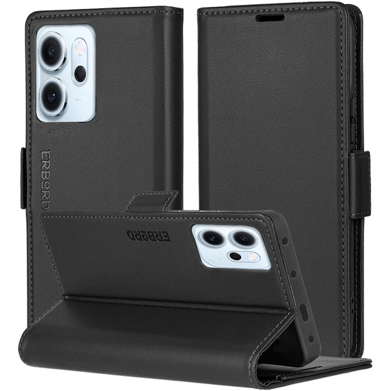 Θήκη για Oppo Reno 14 F / 14 FS, ERBORD Glossy Litchi, πορτοφόλι με πτερύγιο, μαύρη