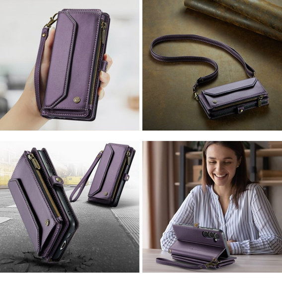 θήκη CASEME για Samsung Galaxy A55 5G, RFID Leather Wallet, με λουράκι ώμου, μωβ