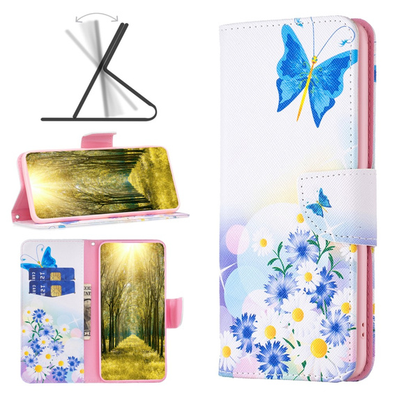 Θήκη με πτερύγιο για Xiaomi Redmi 13C / Poco C65, Wallet, butterfly & flowers, λευκή