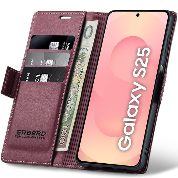 Θήκη για Samsung Galaxy S25, ERBORD Glossy Litchi, πορτοφόλι με πτερύγιο, κόκκινη