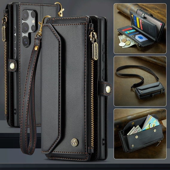 θήκη CASEME για Samsung Galaxy S25 Ultra, RFID Leather Wallet, με λουράκι ώμου, μαύρη