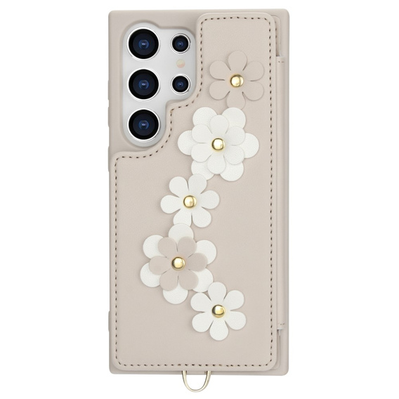 θήκη για Samsung Galaxy S24 Ultra, Leather Flower Card Slot, μπεζ