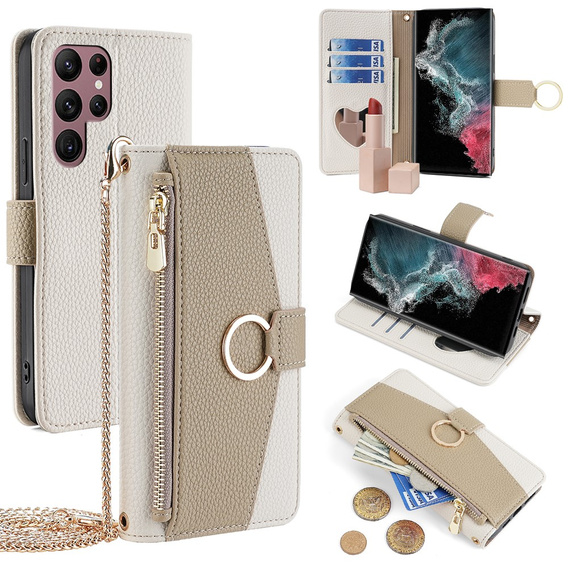 θήκη Wallet Zipper Pocket flip για το Samsung Galaxy S22 Ultra, Wallet Zipper Pocket, με καθρέφτη, λευκή