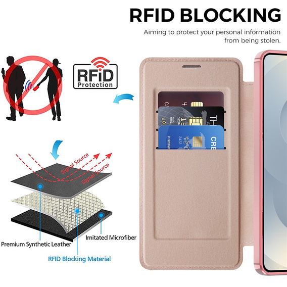 Θήκη με πτυσσόμενο καπάκι RFID Wallet MagSafe με προστασία κάμερας για Samsung Galaxy S26 Plus, ροζ