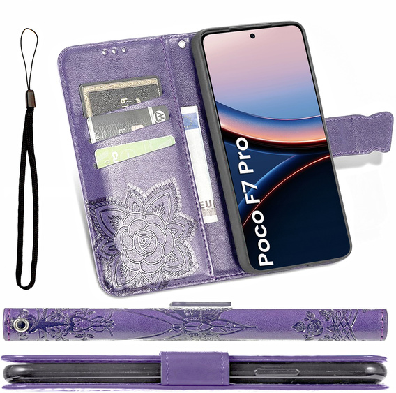 Θήκη με πτερύγιο για Xiaomi Poco F7 Pro, Butterfly, μωβ