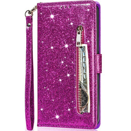 Θήκη με πτερύγιο για Samsung Galaxy A55, Wallet Zipper Pocket Glittery, μωβ