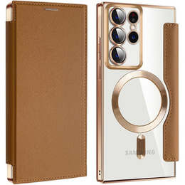 Θήκη με πτερύγιο για Samsung Galaxy S22 Ultra 5G, RFID Wallet MagSafe CamShield, καφέ