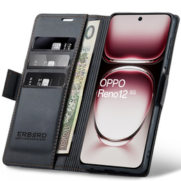 Θήκη για Oppo Reno 12, ERBORD Glossy Litchi, πορτοφόλι με πτερύγιο, μαύρη