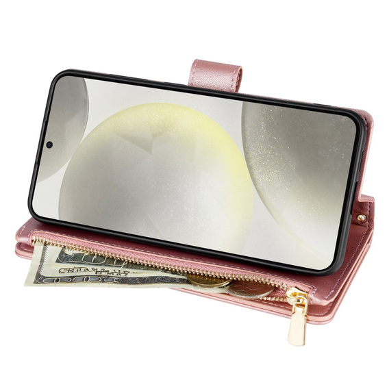 θήκη πτερύγιο για Samsung Galaxy S25 Edge, Rhombus Crossbody Leather, ροζ rose gold