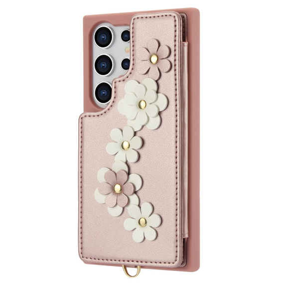 θήκη για Samsung Galaxy S25 Ultra, Leather Flower Card Slot, ροζ