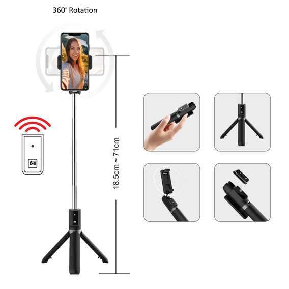 Selfie Stick Coco P-04 με λειτουργία τρίποδα και τηλεχειριστήριο Bluetooth, για smartphones με πλάτος από 6,5 cm έως 9,5 cm