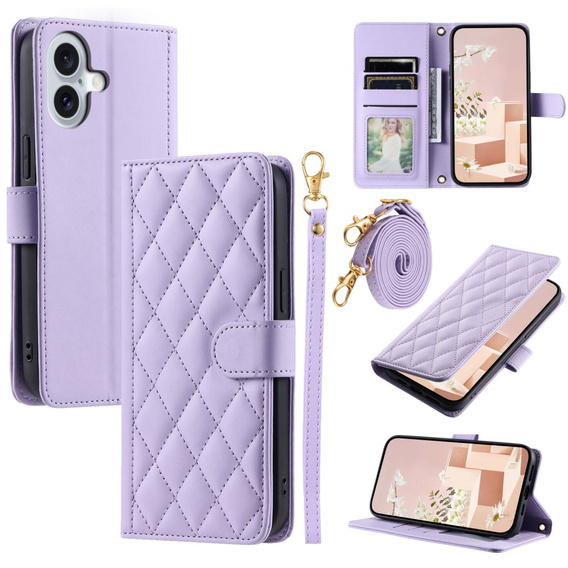θήκη πτερύγιο για iPhone 16 Plus, Rhombus Crossbody Leather, μωβ