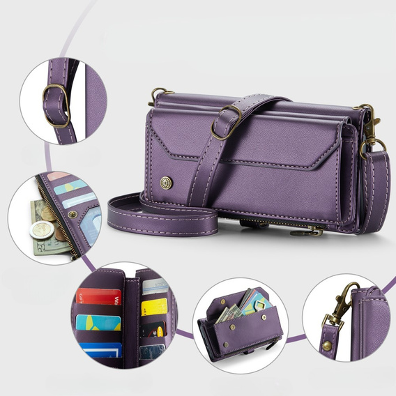θήκη CASEME για Samsung Galaxy S24 FE, RFID Leather Wallet, με λουράκι ώμου, μωβ