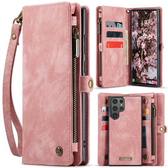 CASEME θήκη για Samsung Galaxy S25 Ultra, Retro Leather Wallet, με λουράκι, ροζ
