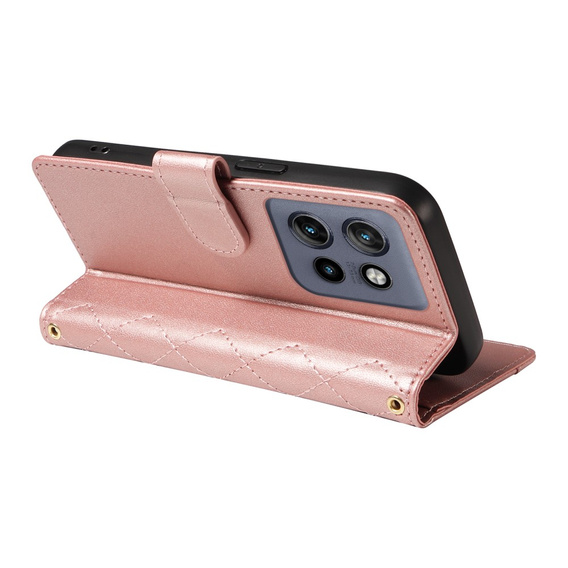 θήκη πτερύγιο για Motorola Edge 50 Neo / Motorola ThinkPhone 25, Rhombus Crossbody Leather, ροζ rose gold