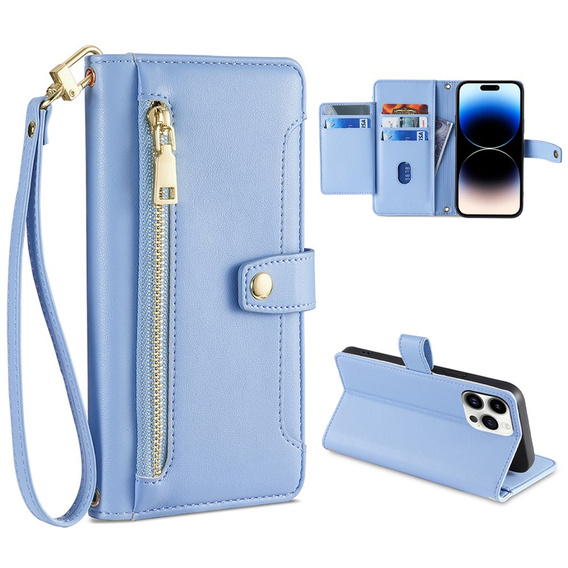 Θήκη με πτερύγιο για iPhone 14 Pro, Wallet Zipper Pocket, μπλε