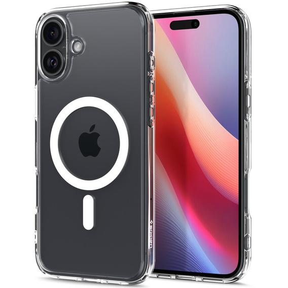 Θήκη MagSafe Spigen για iPhone 16 Plus, Ultra Hybrid, διαφανής / λευκή + Μετριασμένο γυαλί 9H