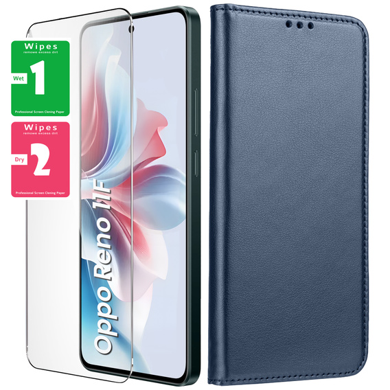 Θήκη με πτερύγιο για Oppo Reno 11F 5G, Smart Magnetic, σκούρο μπλε + γυαλί 9H 